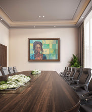 Load image into Gallery viewer, Board room mock up showing green toned large painting of a black woman