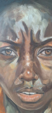 Load image into Gallery viewer, Close up of large oil painting of black woman with large afro hair great for wall decor of an African inspired interior
