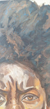 Load image into Gallery viewer, Close up image of large oil painting of black woman with large afro hair great for wall decor of an African inspired interior. Painting is for sale.