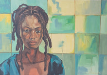 Load image into Gallery viewer, A gorgeous original oil painting depicting a figure of an African woman with dreadlocks, set against a geometric patterned background.