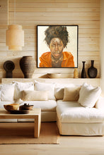 Load image into Gallery viewer, Mock up of large oil painting of a black woman with an orange shirt