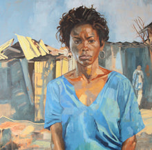 Load image into Gallery viewer, An oil painting depicting a figure of a stressed African woman against a village shanty background.