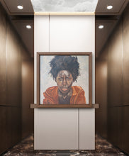Load image into Gallery viewer, Mock up hotel lobby image of large oil painting of black woman with large afro hair great for wall decor of an African inspired interior