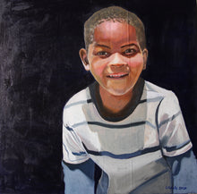 Load image into Gallery viewer, Sunny smiling oil painting portrait of african child set against a very dark background