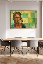 Load image into Gallery viewer, Modern interior with a painting of a woman on the wall above a wooden table and chairs.
