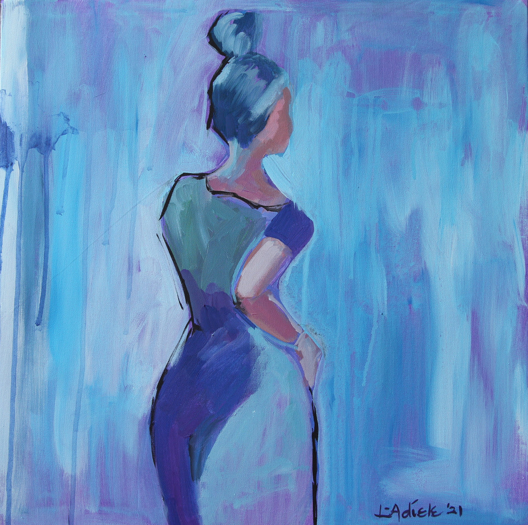 Vibrant blue figurative acrylic painting of a woman