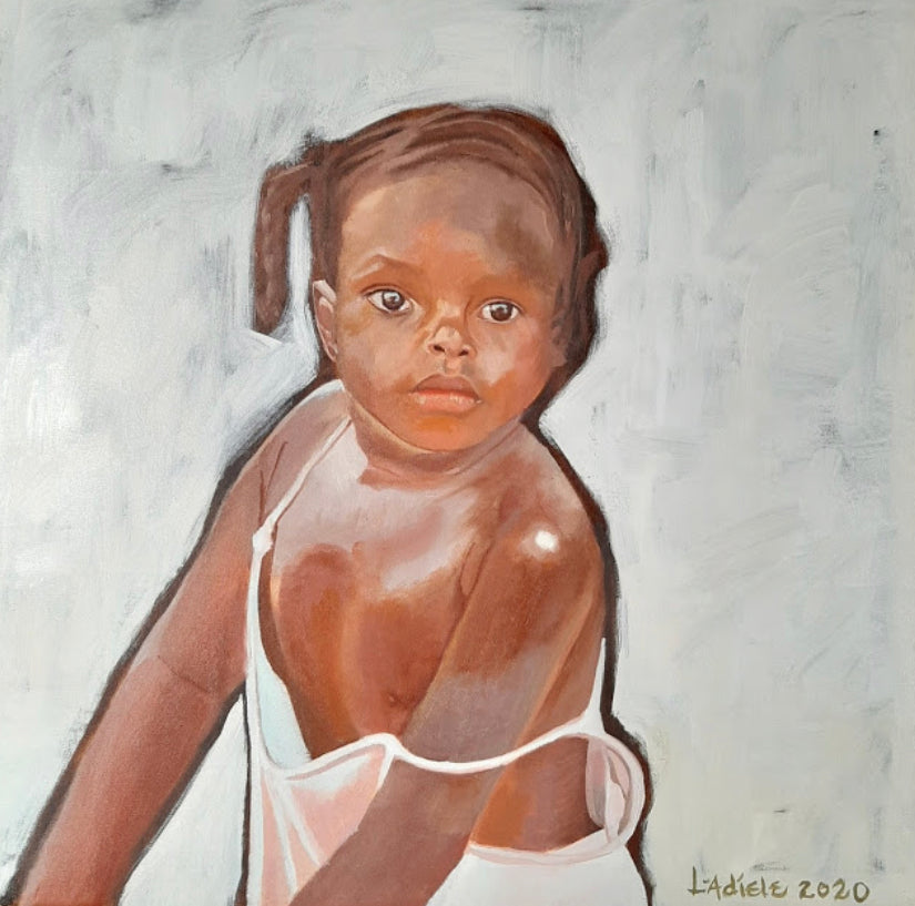 Lovely oil painting of african girl child against a textured off white background