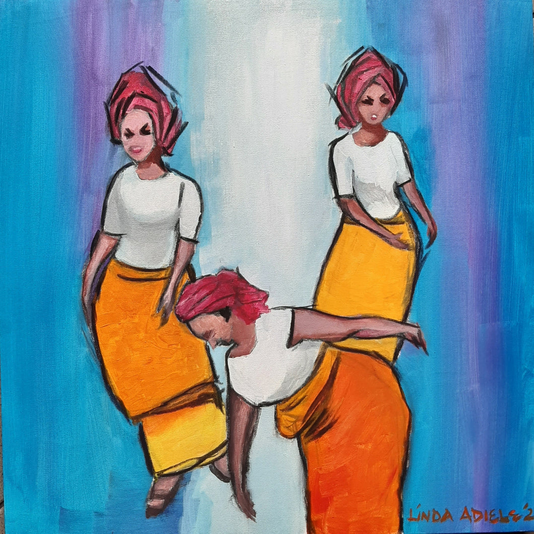 Bright mixed media painting of three femaile African figures in African costume dancing 